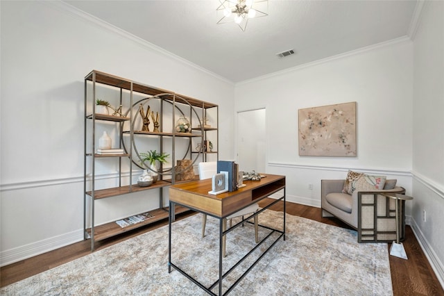 home office featuring ornamental molding and dark hardwood / wood-style flooring