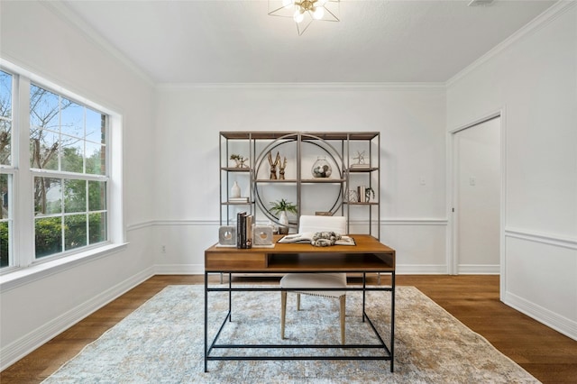 office featuring dark wood-type flooring and crown molding