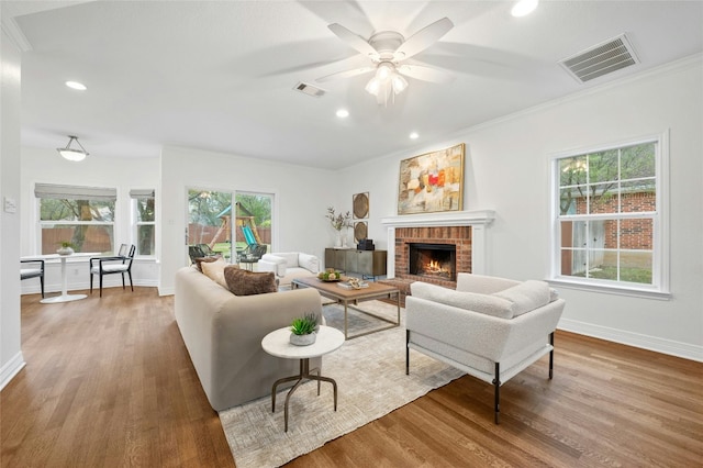 living room featuring ornamental molding, hardwood / wood-style floors, ceiling fan, and a fireplace