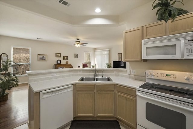 113 Hampton Cir, Georgetown, TX 78633 - kitchen with white appliances, a peninsula, healthy amount of natural light, light countertops, and recessed lighting