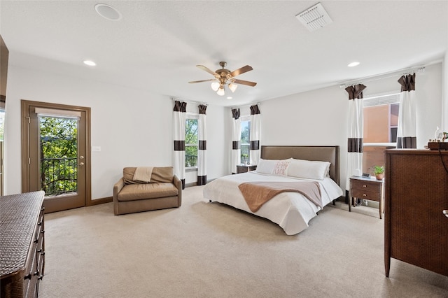 bedroom with access to exterior, recessed lighting, light colored carpet, visible vents, and a ceiling fan