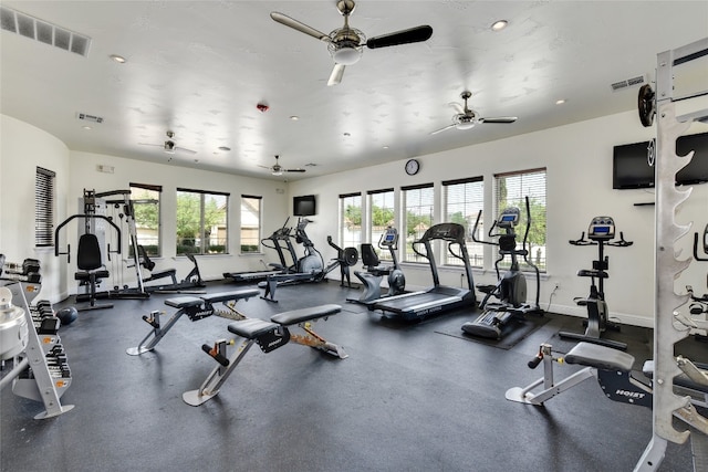12332 Terraza Cir, Austin, TX 78726 - workout area featuring a ceiling fan, baseboards, and recessed lighting