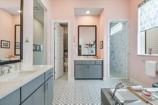 bathroom with vanity, toilet, and walk in shower