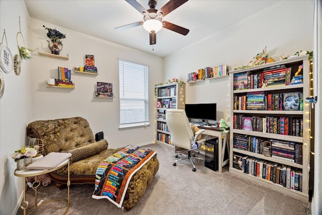 carpeted office with ceiling fan