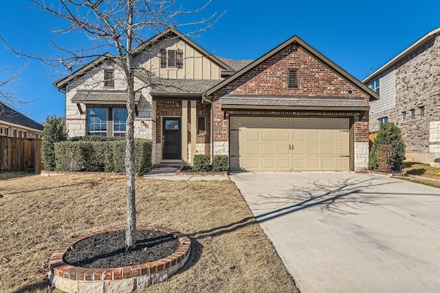 view of front facade featuring board and batten siding, concrete driveway, brick siding, and a garage