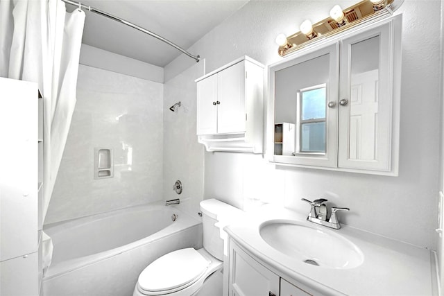 full bathroom featuring toilet, vanity, and shower / bathtub combination with curtain