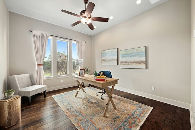 office featuring dark hardwood / wood-style floors and ceiling fan