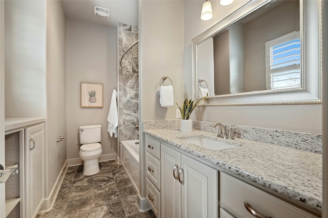 full bathroom featuring vanity, shower / washtub combination, and toilet