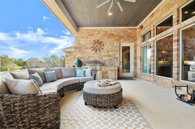 view of patio featuring grilling area, area for grilling, an outdoor hangout area, and ceiling fan