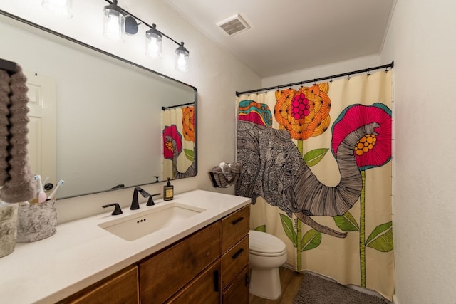 bathroom with vanity, wood-type flooring, and toilet