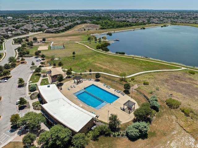 drone / aerial view with a water view