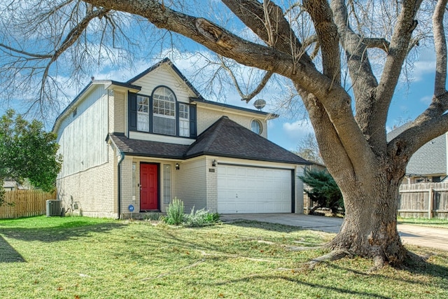 view of front of house with central AC unit and a front lawn