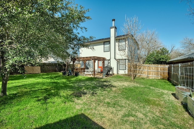 back of property featuring a pergola and a lawn