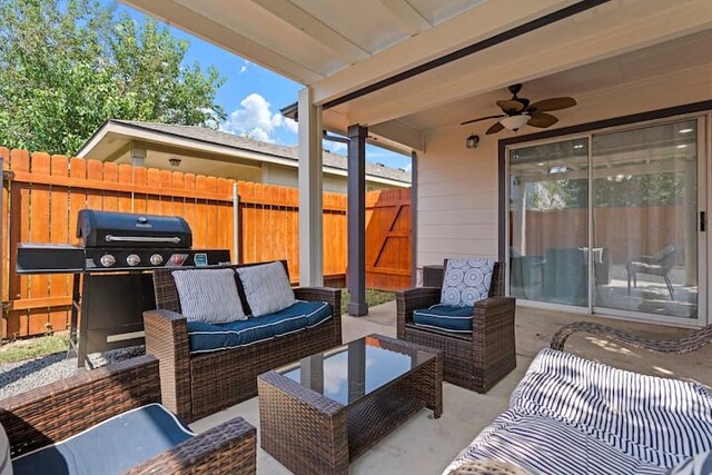 view of patio / terrace featuring ceiling fan, an outdoor hangout area, and area for grilling