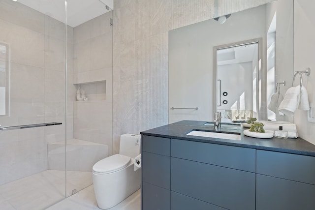 bathroom with vanity, toilet, an enclosed shower, and tile walls