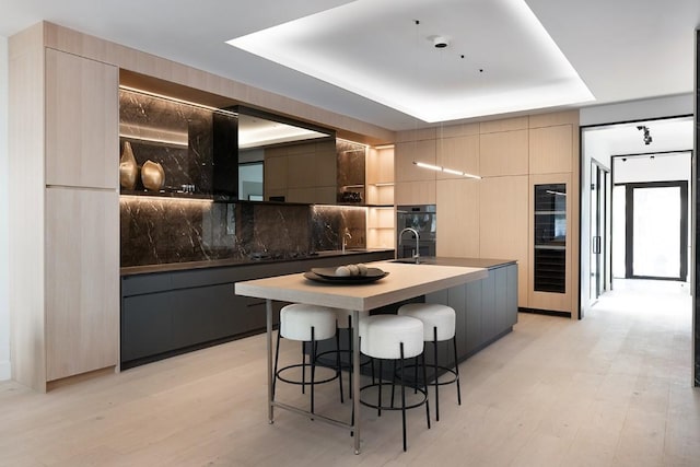 kitchen with light hardwood / wood-style flooring, a tray ceiling, a center island with sink, and decorative backsplash