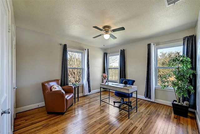 home office featuring hardwood / wood-style floors, a textured ceiling, and ceiling fan