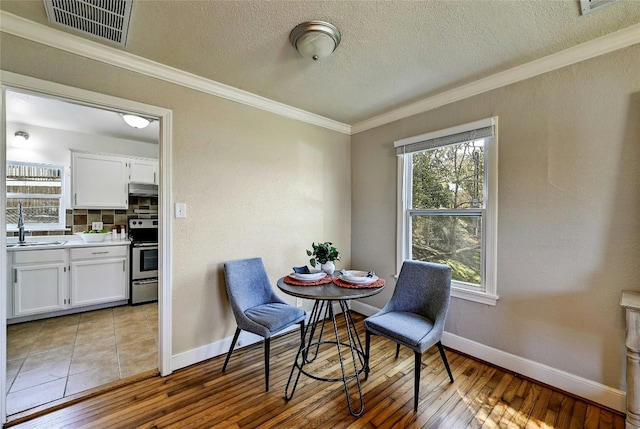 dining space with sink, ornamental molding, light hardwood / wood-style floors, and a textured ceiling