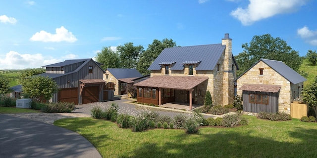 view of front of property featuring an outdoor structure and a front lawn