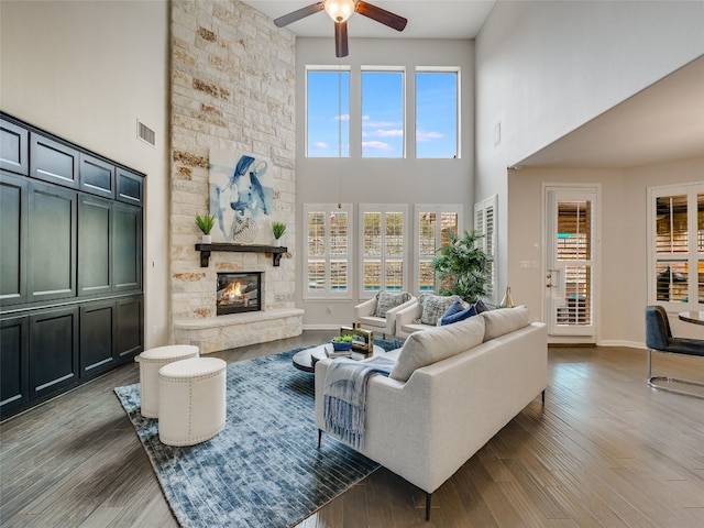 living room featuring hardwood / wood-style flooring, a healthy amount of sunlight, and a fireplace