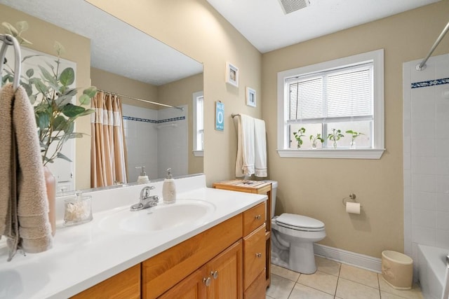 full bathroom featuring vanity, tile patterned floors, toilet, and shower / bath combo with shower curtain