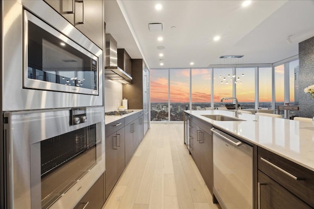 kitchen featuring wall chimney range hood, sink, stainless steel appliances, floor to ceiling windows, and light wood-type flooring