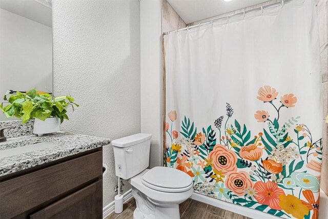 2651 Cowgirl Trl, Belton, TX 76513 - bathroom with vanity, wood finished floors, toilet, a textured wall, and a shower with curtain