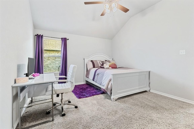 carpeted bedroom with lofted ceiling and ceiling fan