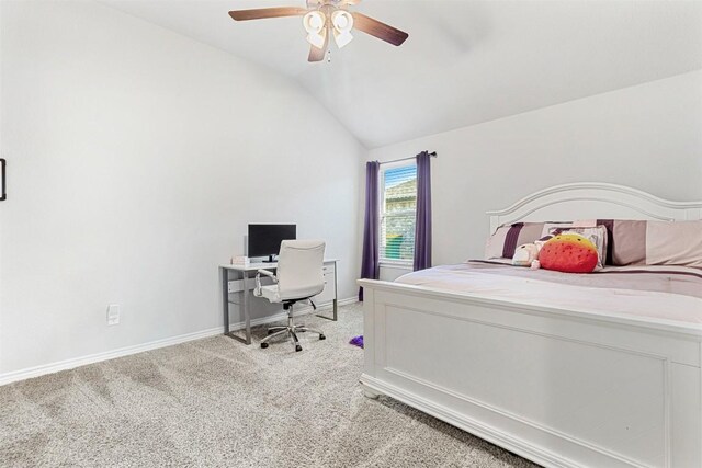 2651 Cowgirl Trl, Belton, TX 76513 - bedroom featuring vaulted ceiling, light carpet, an office area, baseboards, and ceiling fan