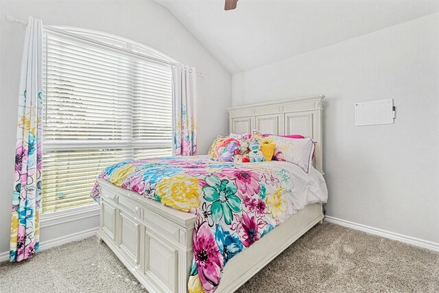 2651 Cowgirl Trl, Belton, TX 76513 - bedroom featuring light carpet, lofted ceiling, and ceiling fan