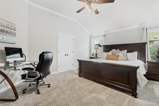 bedroom with ornamental molding, vaulted ceiling, light colored carpet, and ceiling fan