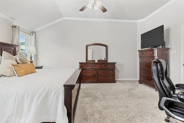 bedroom featuring vaulted ceiling, ornamental molding, light colored carpet, and ceiling fan