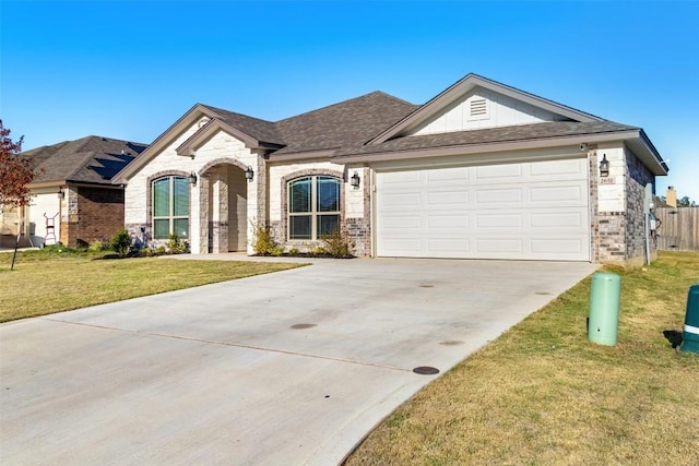 ranch-style house featuring a garage and a front lawn