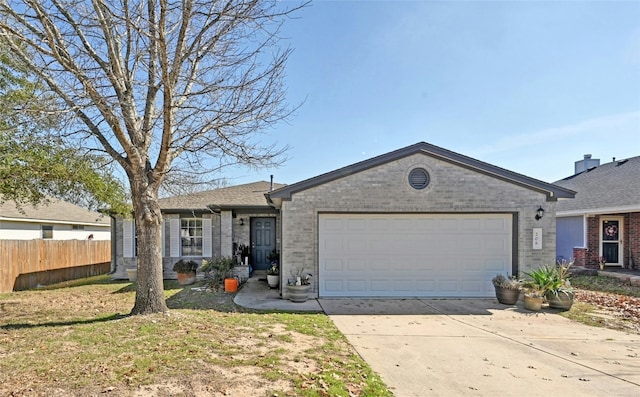 single story home with a garage, driveway, brick siding, fence, and a front yard