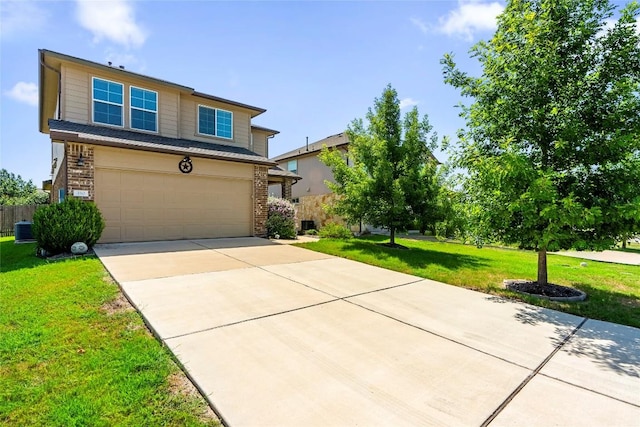 view of front facade featuring a garage, a front yard, and cooling unit