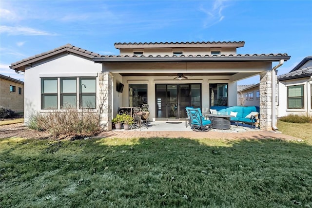 rear view of property with ceiling fan, a yard, a patio, an outdoor living space, and central air condition unit