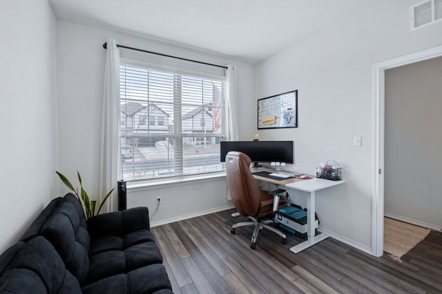 office with dark wood-style floors, baseboards, and visible vents