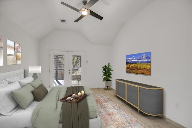 bedroom with lofted ceiling, hardwood / wood-style flooring, access to exterior, ceiling fan, and french doors