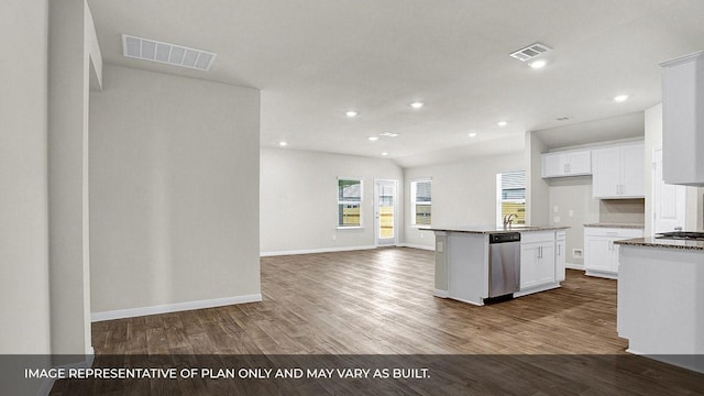 kitchen featuring hardwood / wood-style flooring, dishwasher, an island with sink, and white cabinets