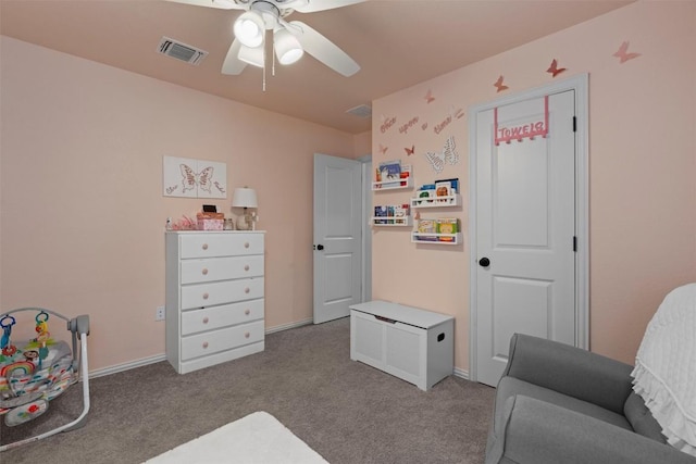 carpeted bedroom featuring ceiling fan