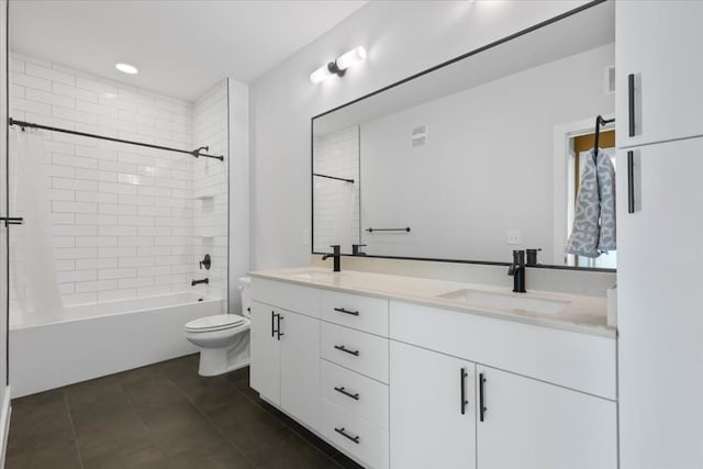 full bathroom featuring tile patterned flooring, vanity, shower / bathtub combination with curtain, and toilet