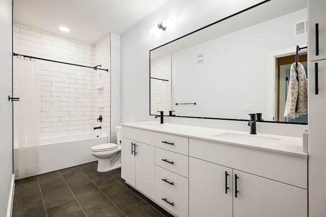3101 Govalle Ave Unit 106, Austin, TX 78702 - bathroom featuring double vanity, toilet, washtub / shower combination, tile patterned floors, and a sink