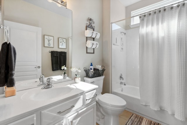 full bathroom featuring vanity, shower / tub combo with curtain, tile patterned floors, and toilet