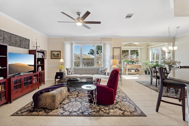 tiled living room featuring crown molding and ceiling fan with notable chandelier