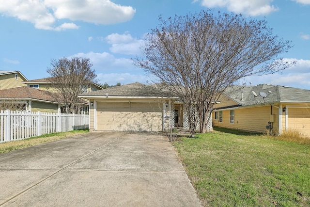 ranch-style home with a garage and a front lawn