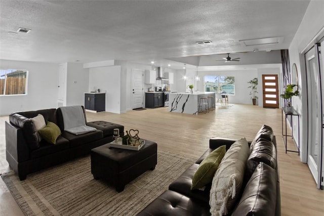 living room with light hardwood / wood-style floors and a textured ceiling