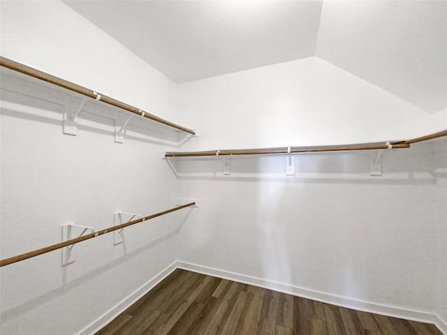 walk in closet featuring lofted ceiling and dark hardwood / wood-style flooring