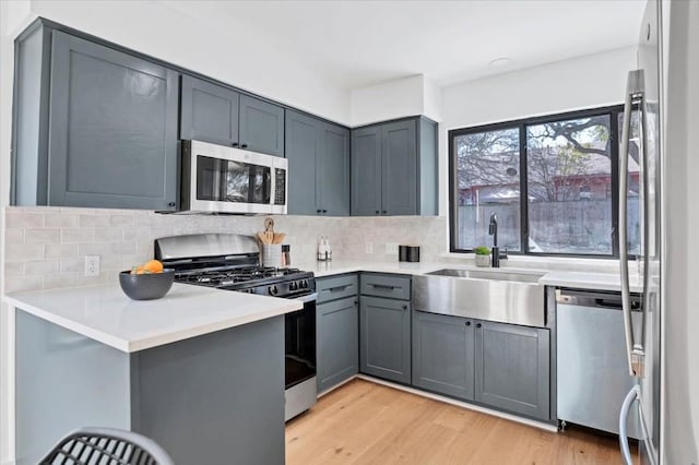 kitchen with sink, appliances with stainless steel finishes, gray cabinetry, tasteful backsplash, and light hardwood / wood-style floors