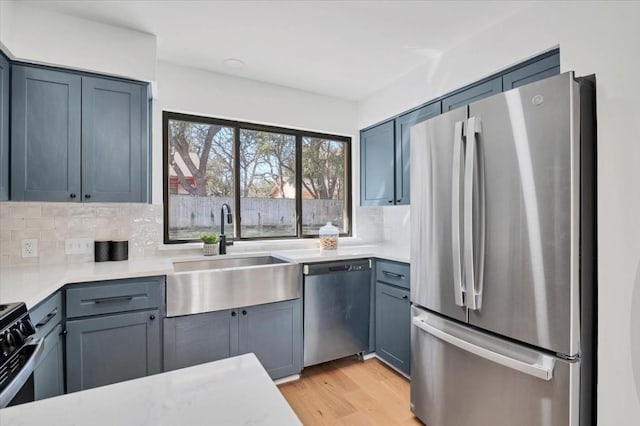 kitchen featuring tasteful backsplash, sink, stainless steel appliances, and light wood-type flooring