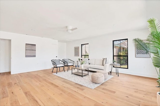 living room with ceiling fan and light hardwood / wood-style floors